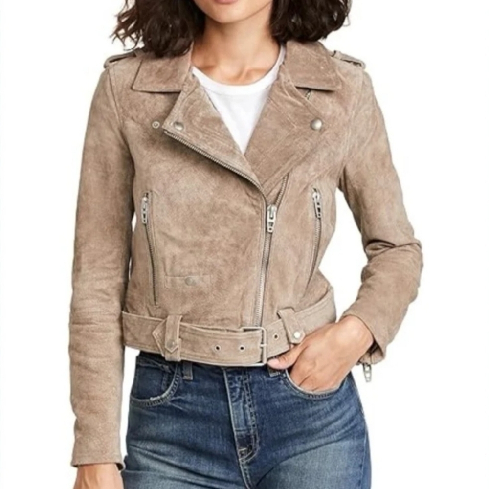 Blank NYC Suede Leather Motto Zip Jacket Sand Color LARGE